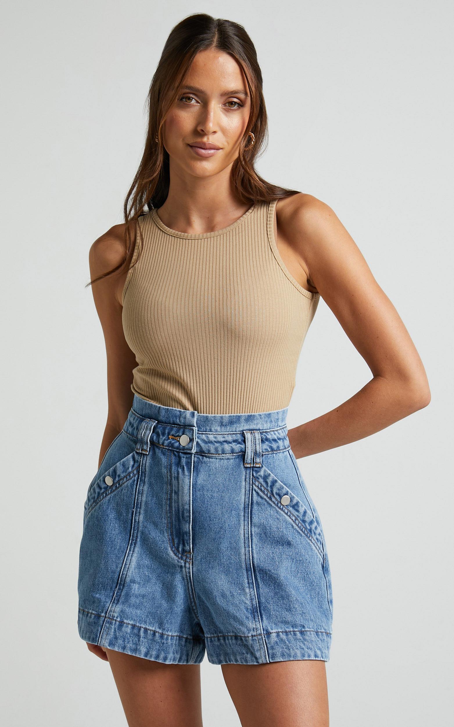 Kayla Shorts - High Waisted A Line Denim Shorts in Mid Blue Wash Product Image