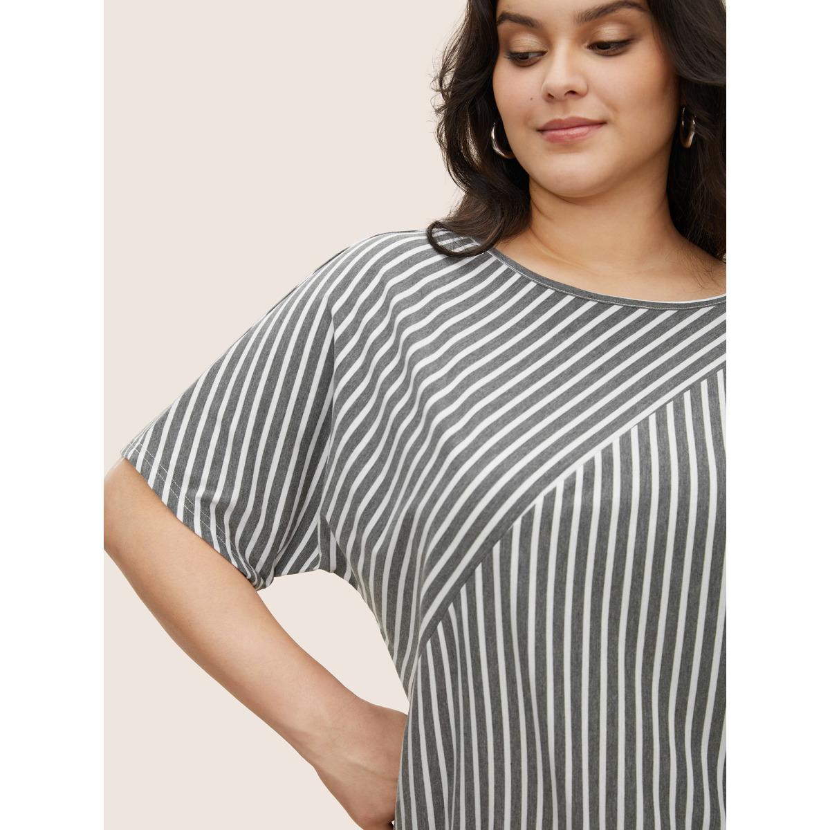 Plus Size Stripes Round Neck Dolman Sleeve T-shirt Gray Women Casual Contrast Round Neck Everyday T-shirts BloomChic 22-24/3X Product Image