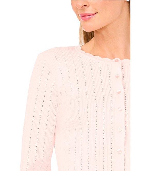 Ted Baker London Ribbed Pointelle Scallop Round Neck Long Sleeve Cardigan Product Image