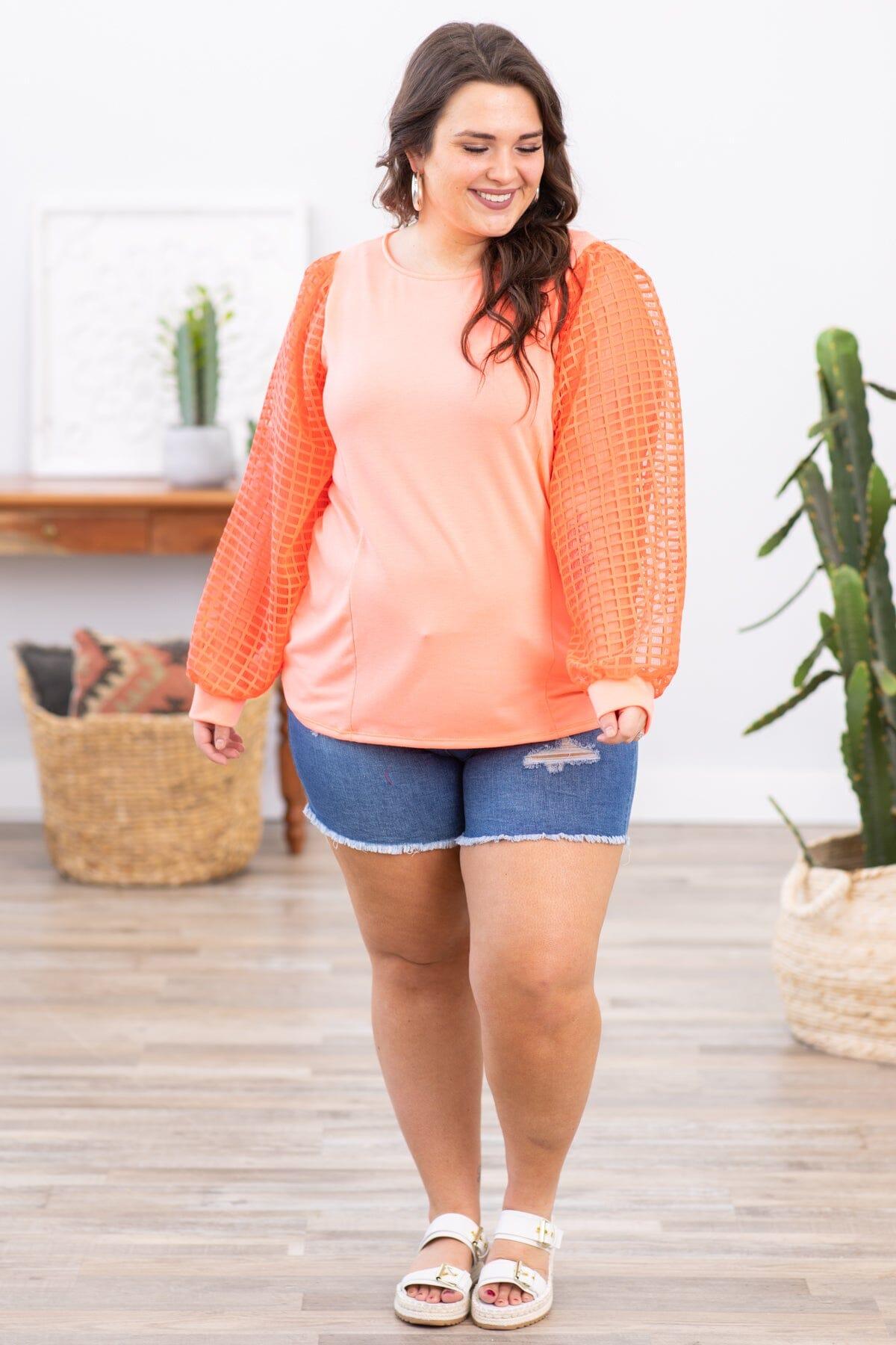 Neon Coral Textured Ballon Sleeve Top Product Image