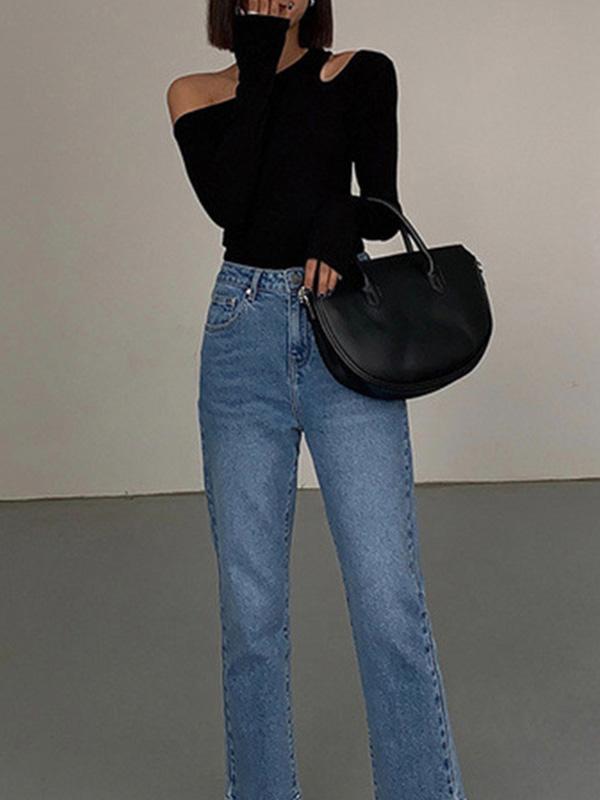 Long Sleeves Skinny Asymmetric Hollow Solid Color Split-Joint One-shoulder T-shirts Product Image