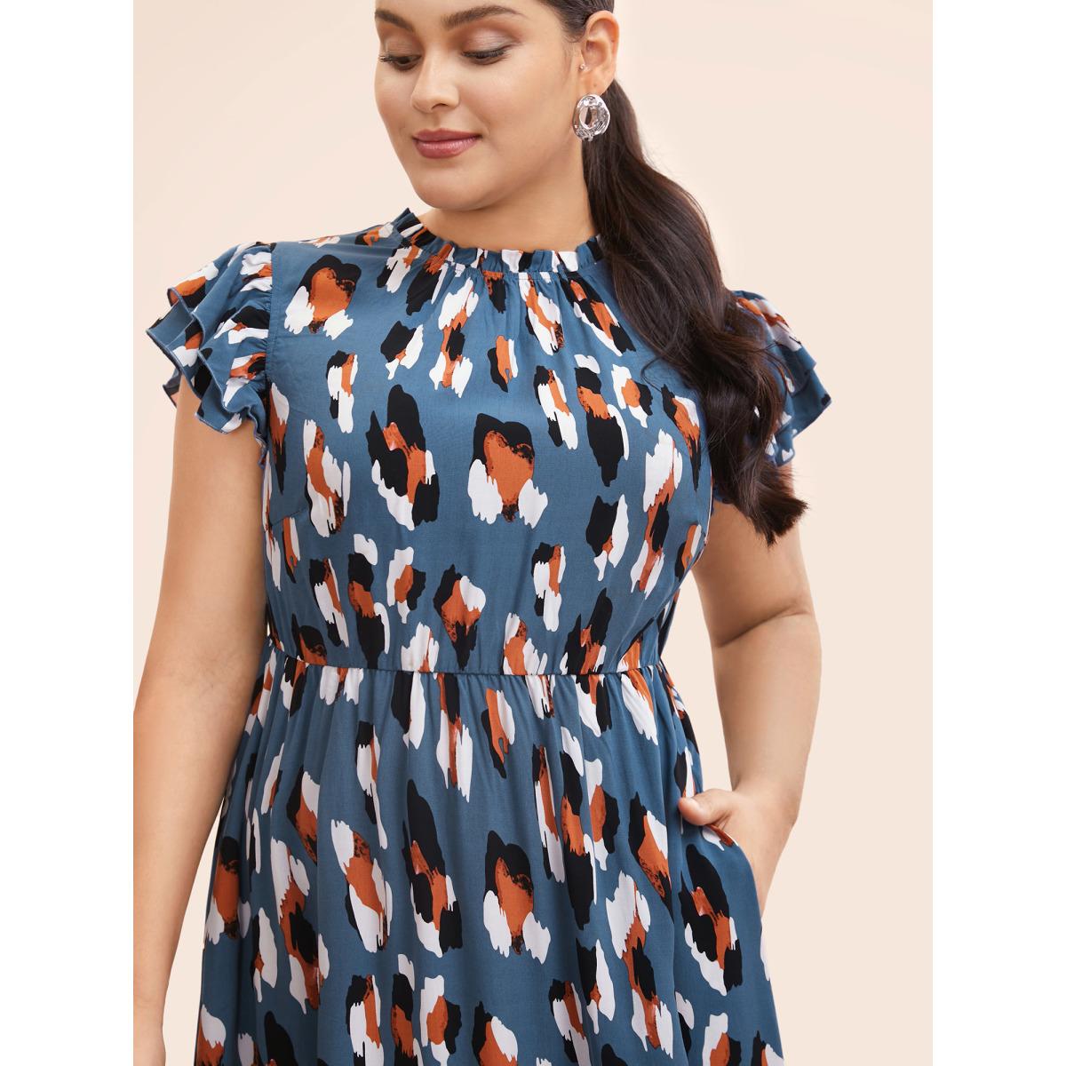 Plus Size Allover Print Frill Trim Flutter Sleeve Dress Aegean Women Office Gathered Mock Neck Sleeveless Curvy Midi Dress BloomChic 18-20/2X Product Image