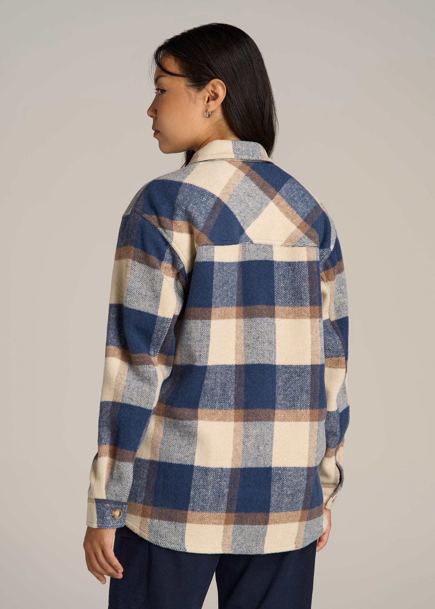 Flannel Shacket for Tall Women in Cream and Denim Blue Plaid Female Product Image