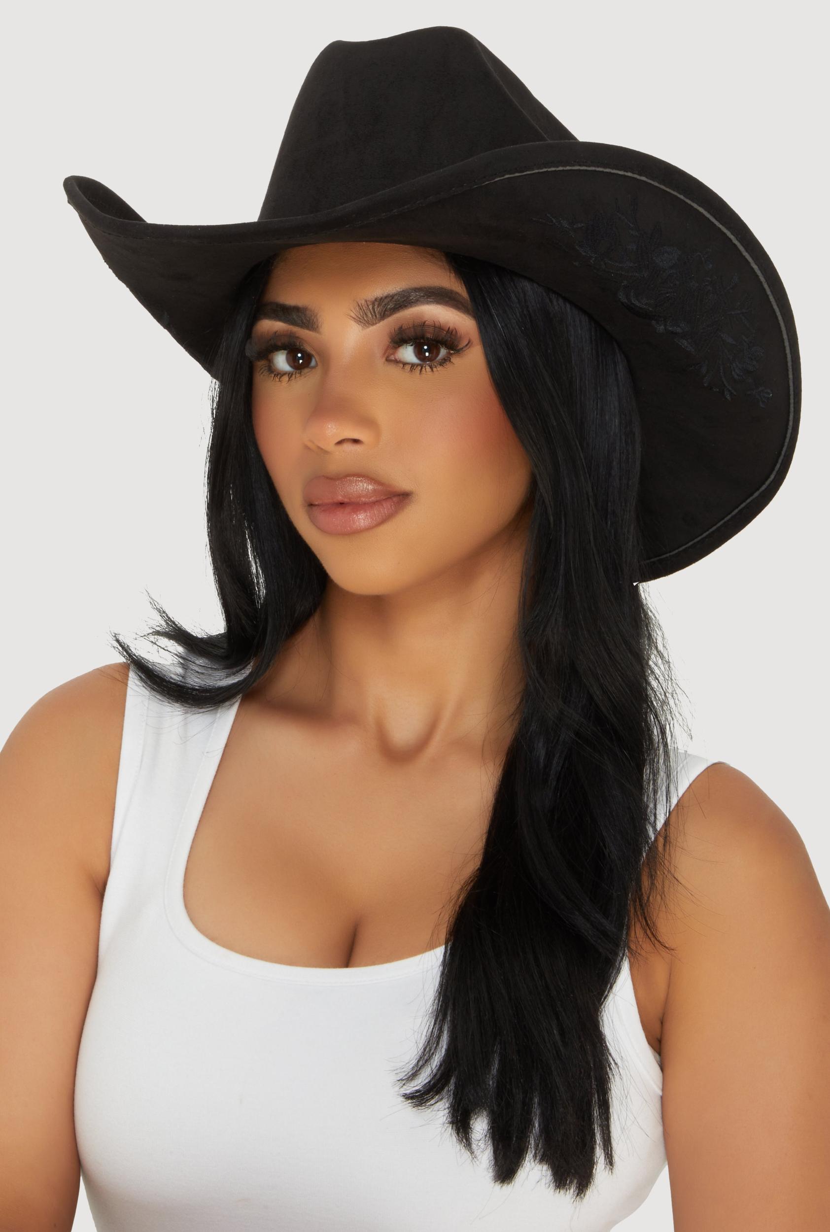 Faux Suede Floral Embroidered Cowboy Hat Female Product Image