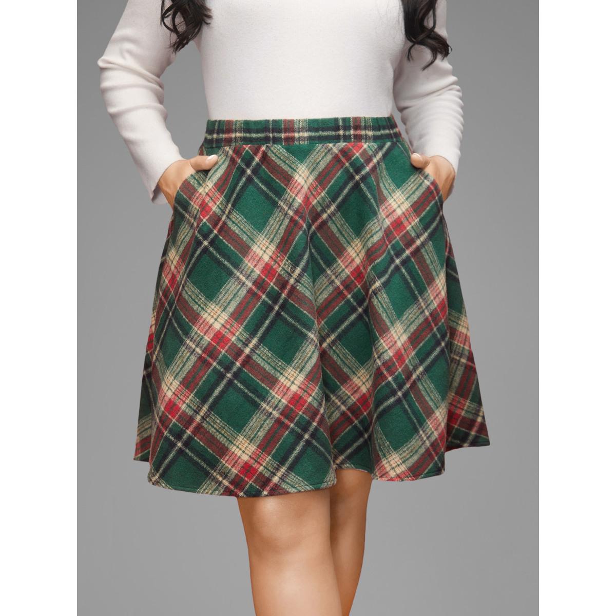 Plus Size Plaid Pattern Elastic Waist A-line Mini Skirt Women DarkGreen Retro Low stretch Slanted pocket Elegant Skirts BloomChic 22-24/3X Product Image