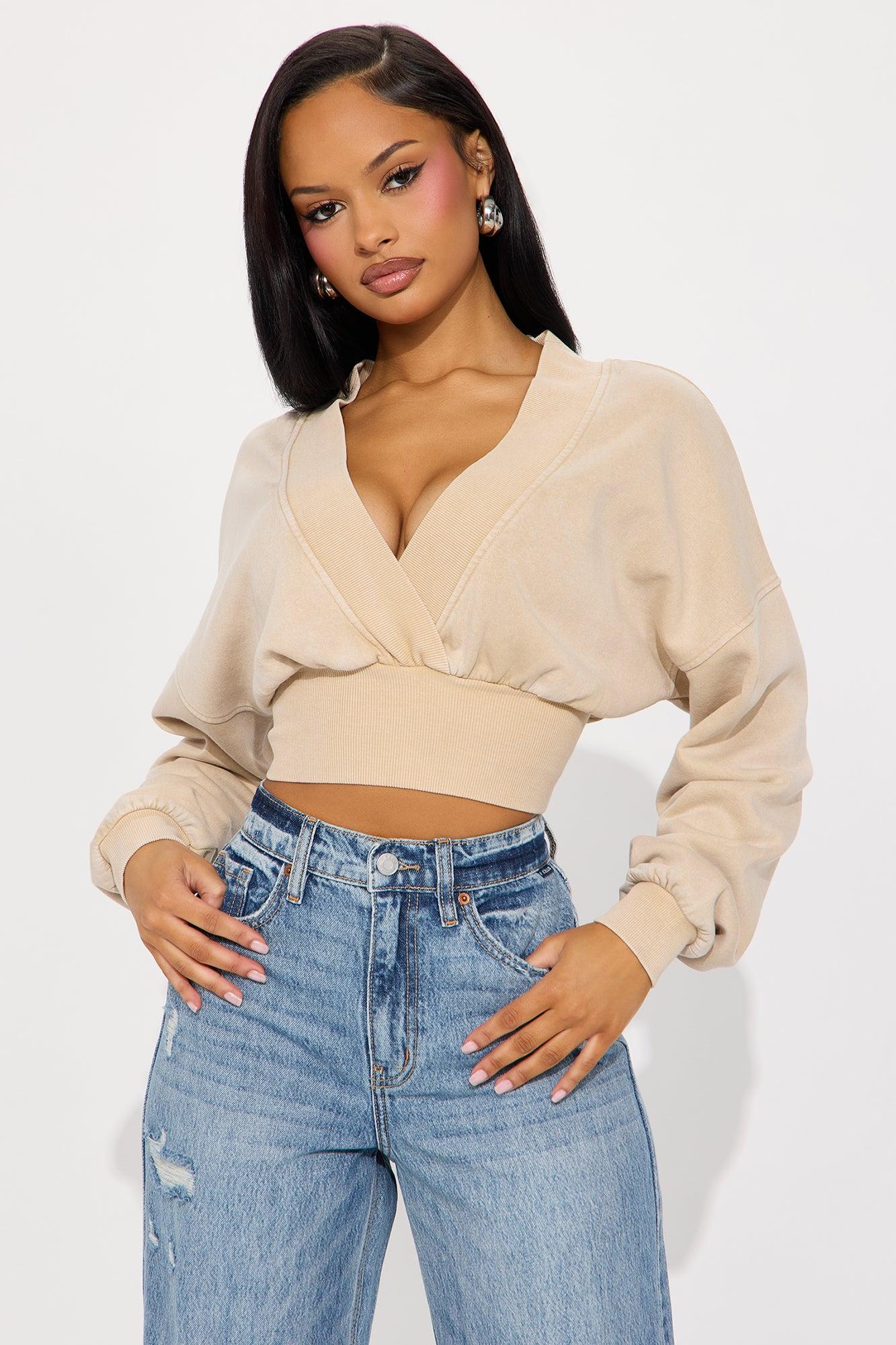 Amara Fleece Off Shoulder Sweatshirt - Stone Product Image