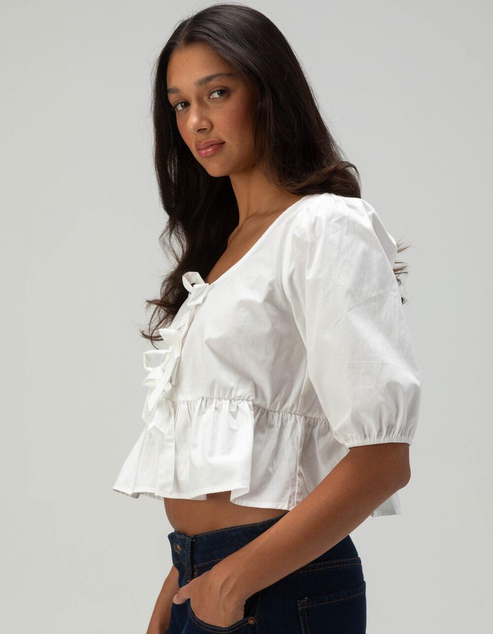 RSQ Womens Triple Tie Scoop Neck Babydoll Top - WHITE Product Image