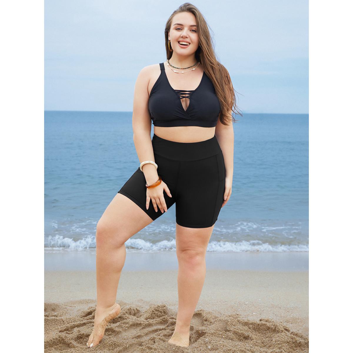 Plus Size Solid Wideband Waist Swim Shorts Women's Swimwear Black Resort Non High stretch Skinny High Rise Side seam pocket Curve Swim Bottoms BloomChic 28/5X Product Image
