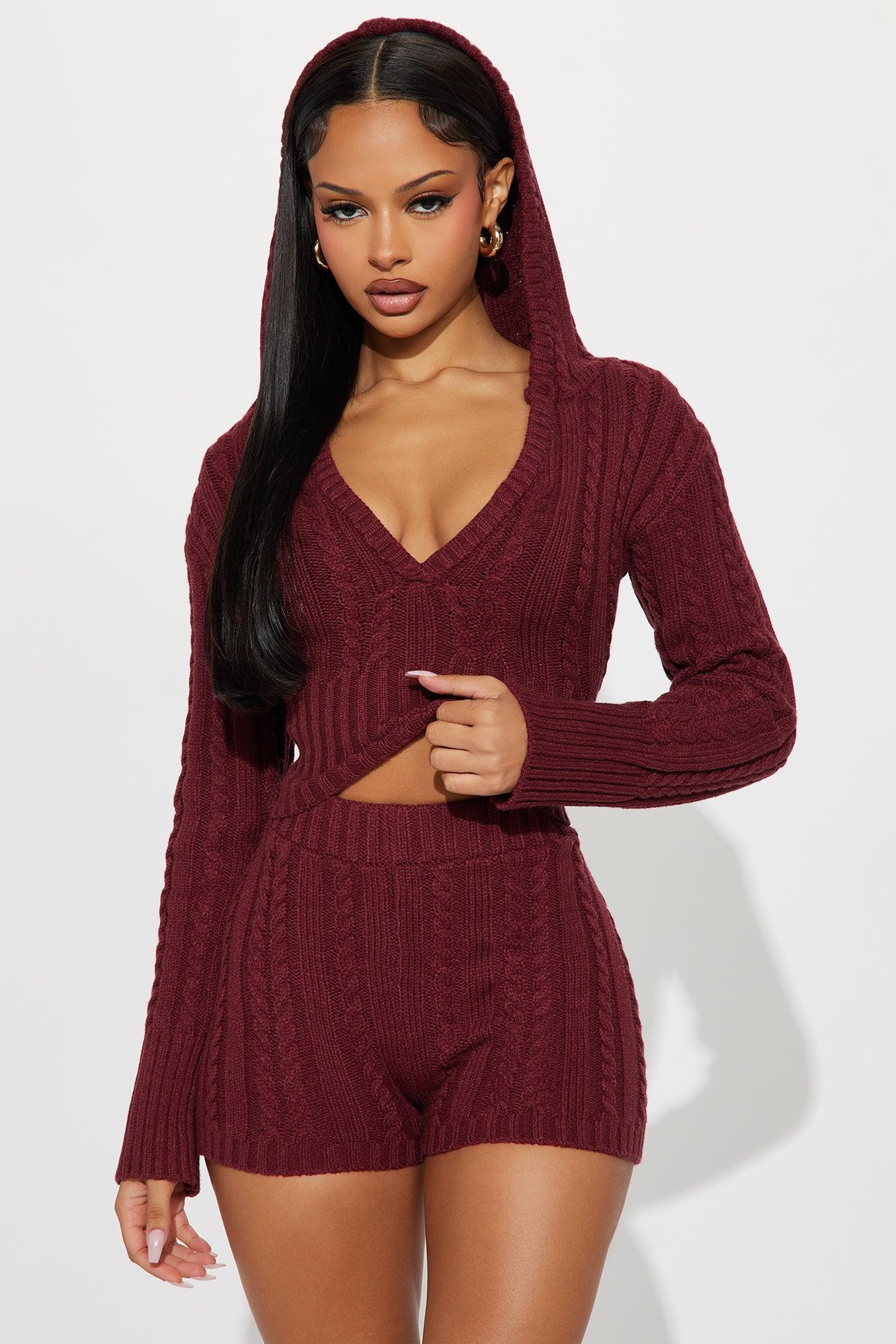 Feeling Some Way Sweater Short Set - Burgundy Female Product Image