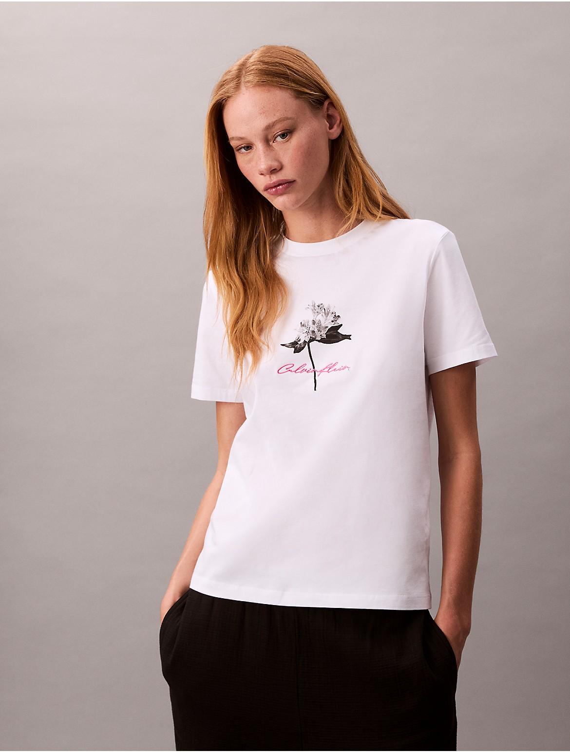 Calvin Klein Womens Logo Floral Graphic Classic T-Shirt - White Product Image