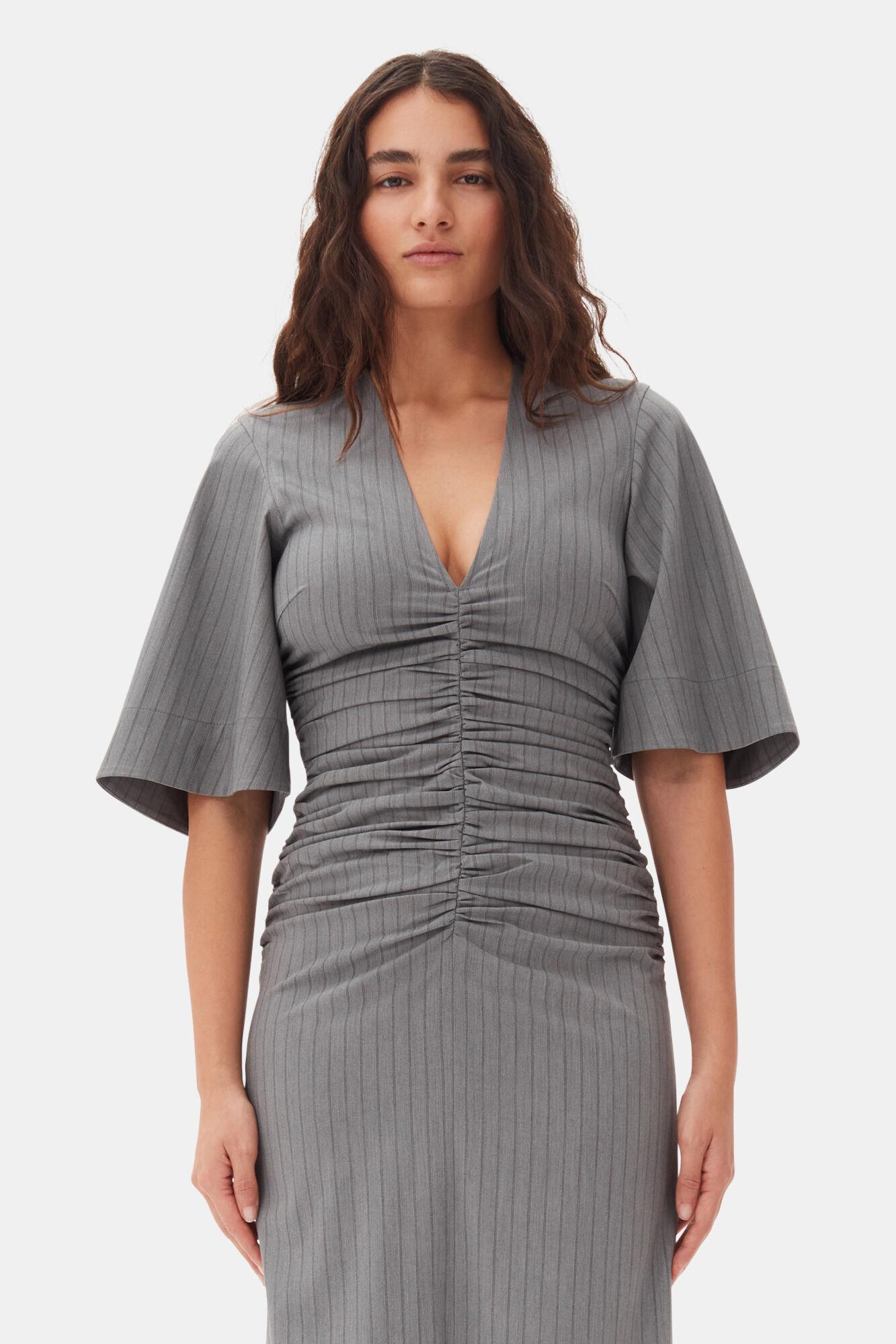 Grey Striped Suiting V-neck Fitted Dress Product Image