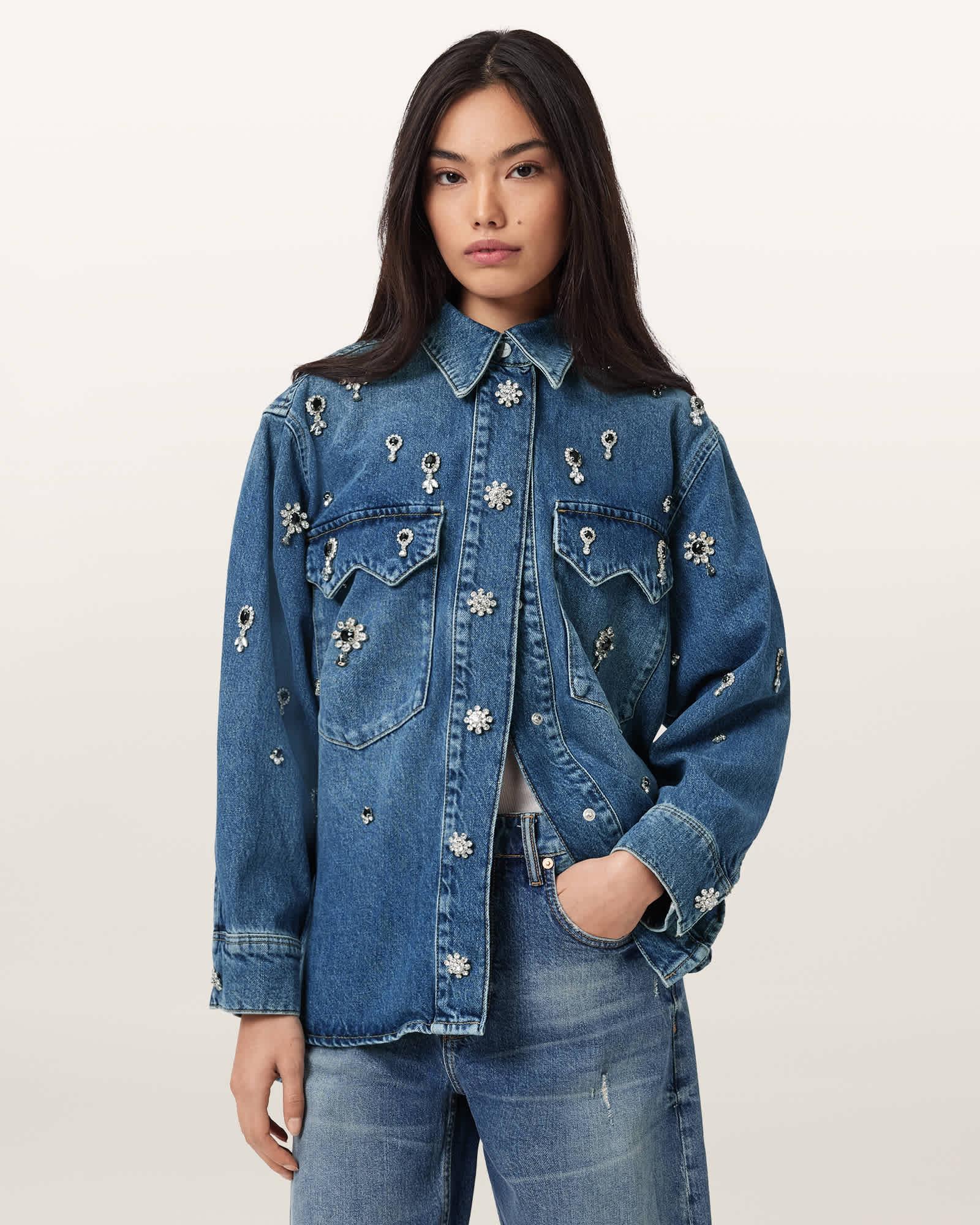 Enna Embellished Denim Shirt Vintage Indigo | ALLSAINTS US Product Image