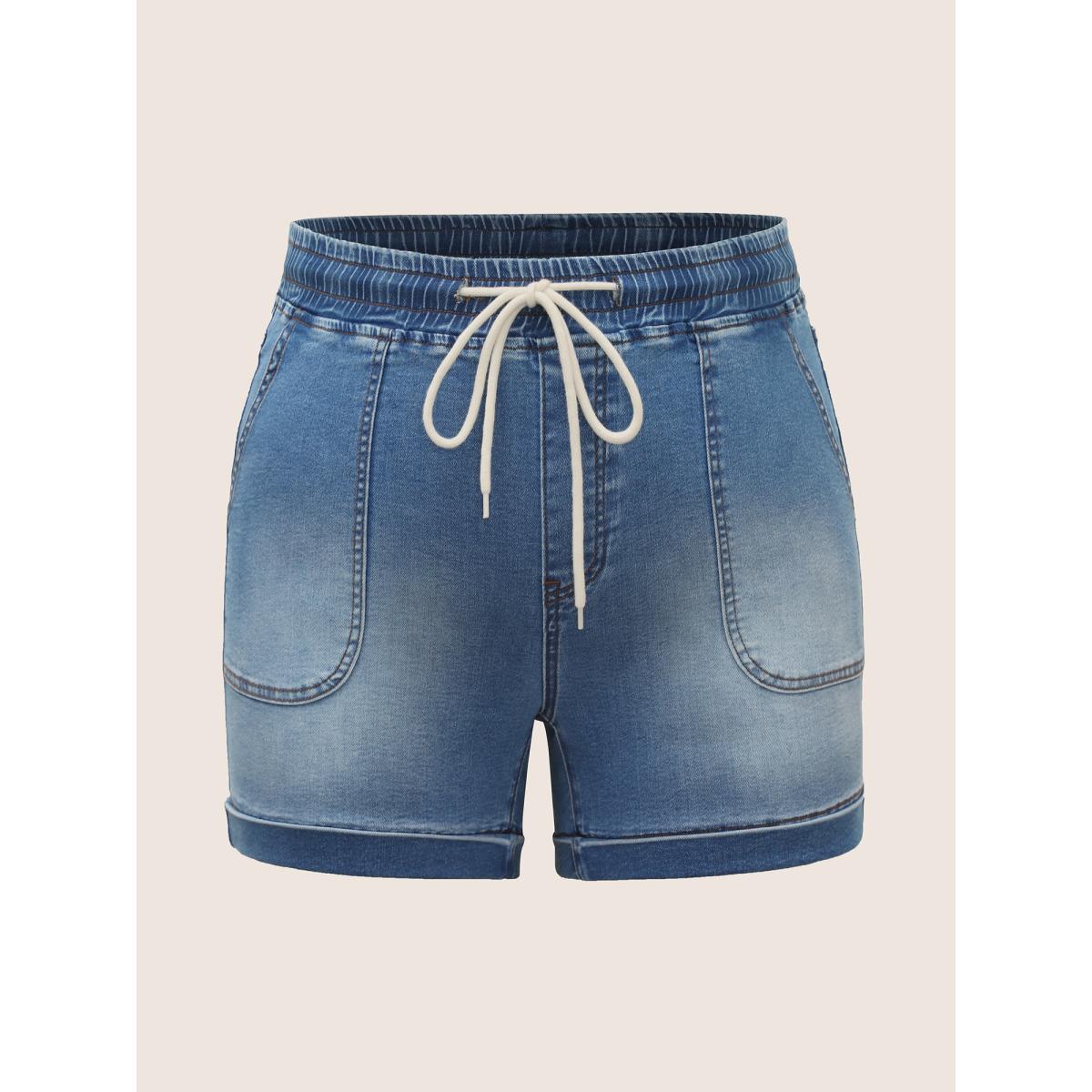 Plus Size Medium Wash Drawstring Roll Hem Denim Shorts Women Midblue Roll Hem High stretch Everyday Slanted pocket Casual Denim Shorts BloomChic 12/L Product Image