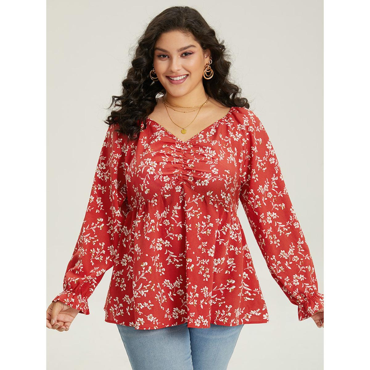 Plus Size Rust Floral Print Ruched Lantern Sleeve Blouse Women Elegant Long Sleeve V-neck Dailywear Blouses BloomChic 14-16/1X Product Image