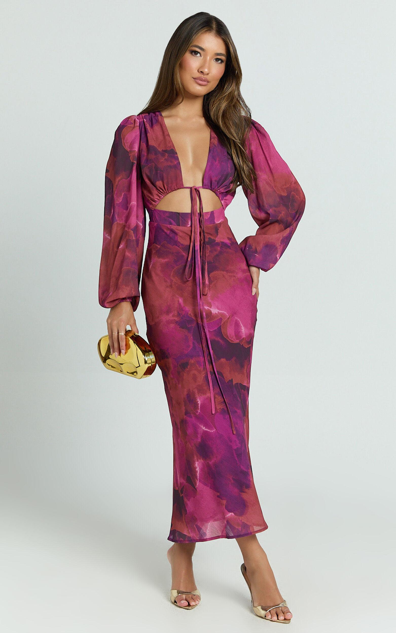 Artola Midi Dress - Front Cut Out Long Sleeve Dress in Blurred Dreams Product Image