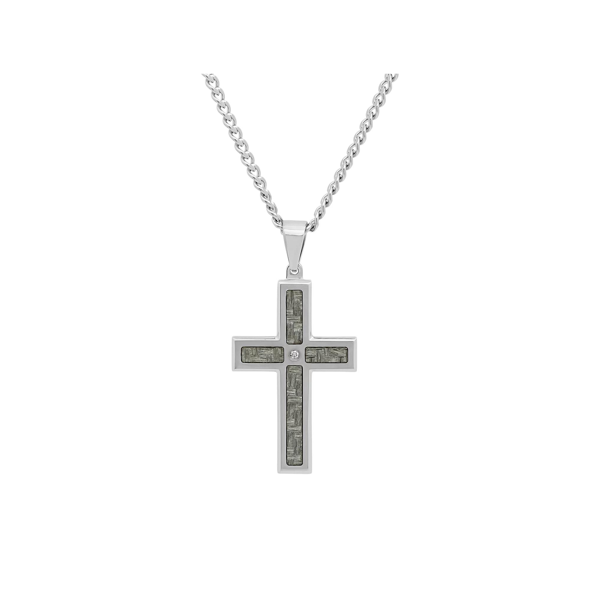 Diamond Accent Stainless Steel & Carbon Fiber Cross Pendant Necklace - Men, Men's, Size: 24", Grey Product Image