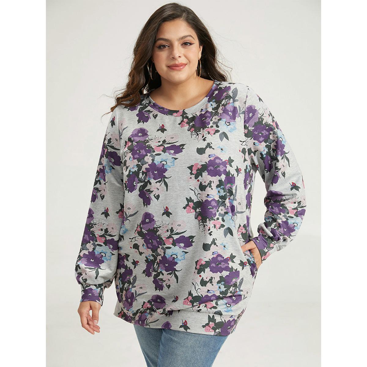 Plus Size Floral Print Pocket Sweatshirt Women DimGray Casual Printed Round Neck Dailywear Sweatshirts BloomChic 10/M Product Image