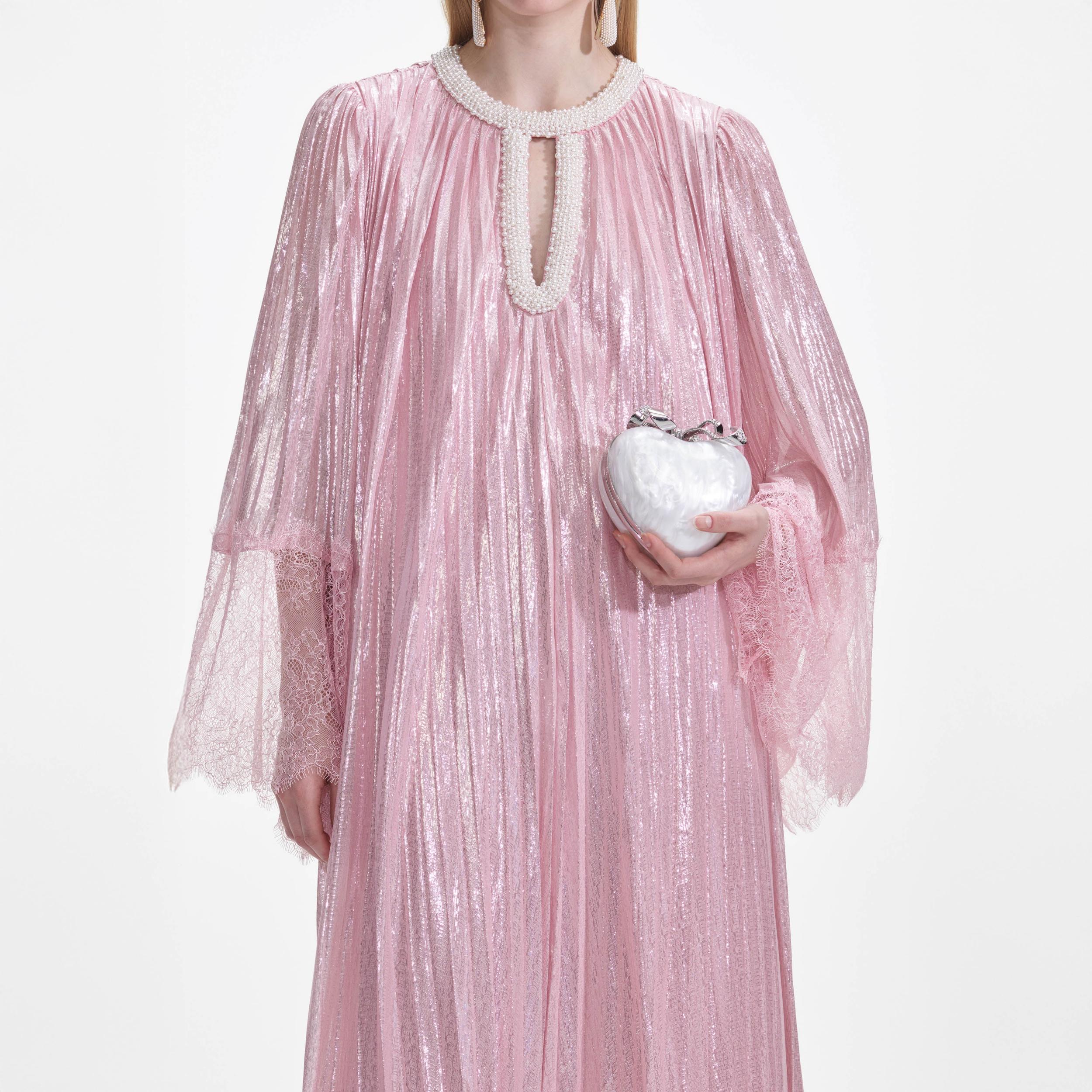 Pink Metallic Pearl Maxi Dress Product Image