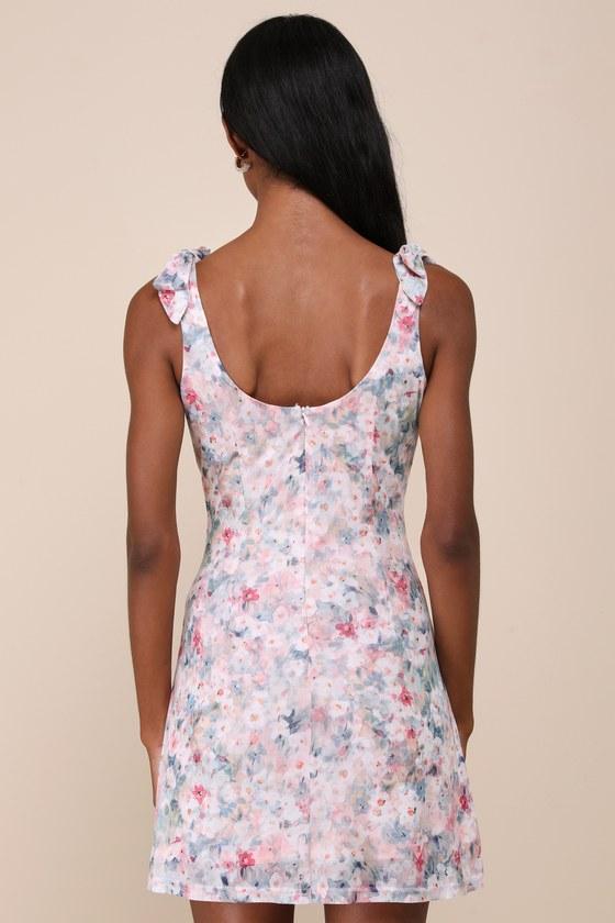Whimsical Cutie Blush Floral Mesh Tie-Strap Mini Dress Product Image