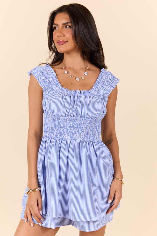 Good Things Take Time Blue Stripe Smocked Romper FINAL SALE Product Image