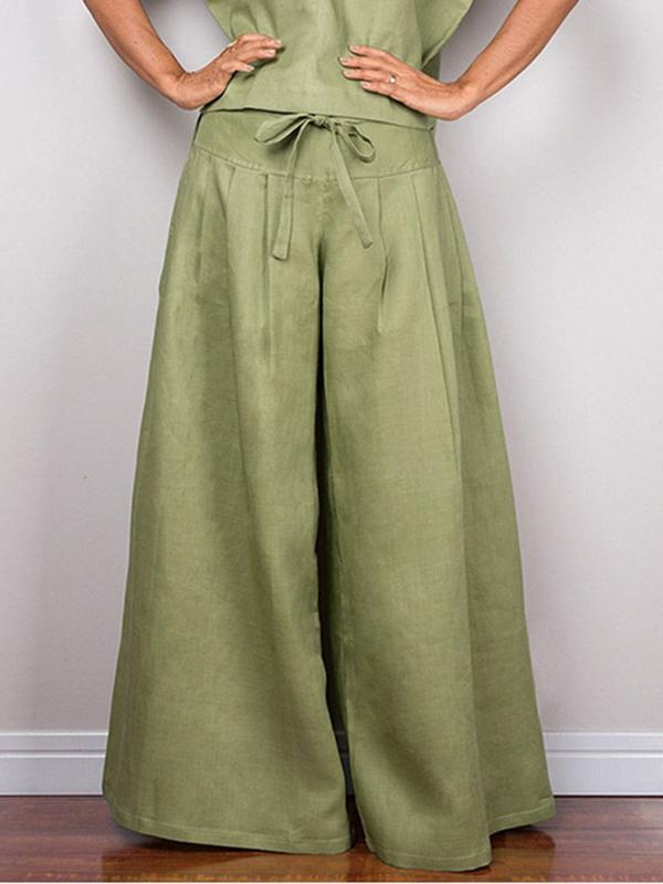 High Waisted Loose Drawstring Pleated Solid Color Split-Joint Pants Trousers Product Image