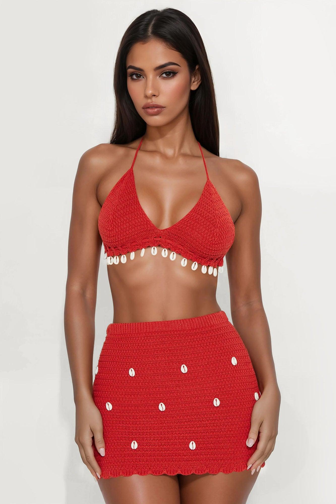 Karly Crochet Seashells Halter Mini Skirt Set - Rust Female Product Image