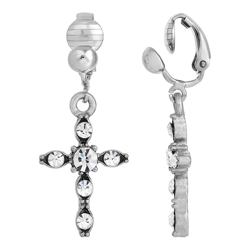 Symbols of Faith Crystal Cross Clip Earrings, Womens, Silver Tone Product Image
