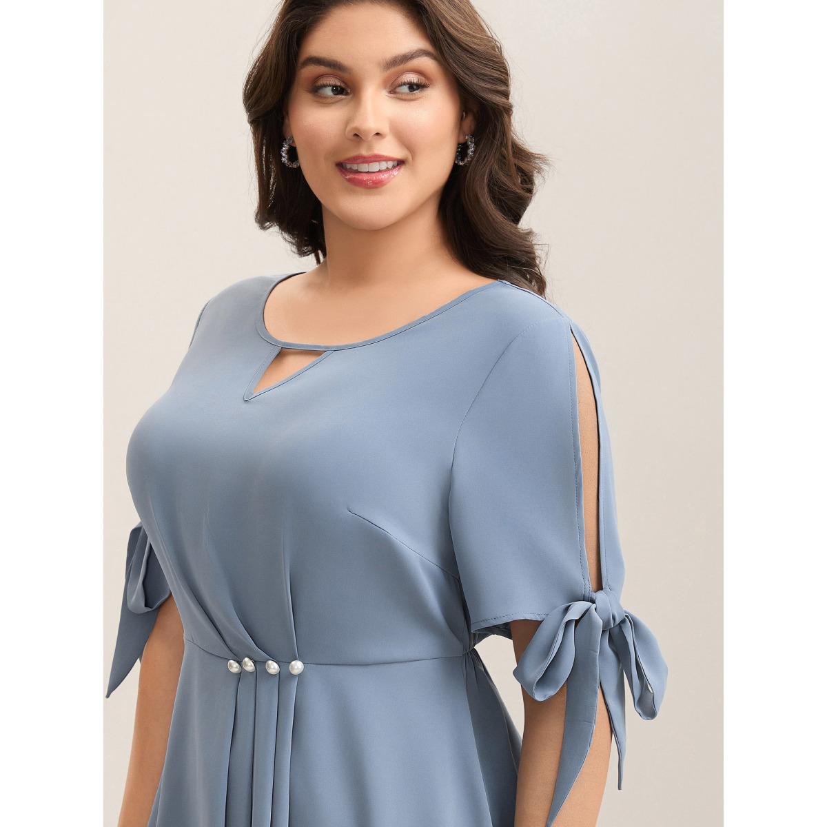 Plus Size Stone Knotted Sleeve Pearl Detail Keyhole Blouse Women Office Short sleeve Round Neck Office Blouses BloomChic 30/6X Product Image