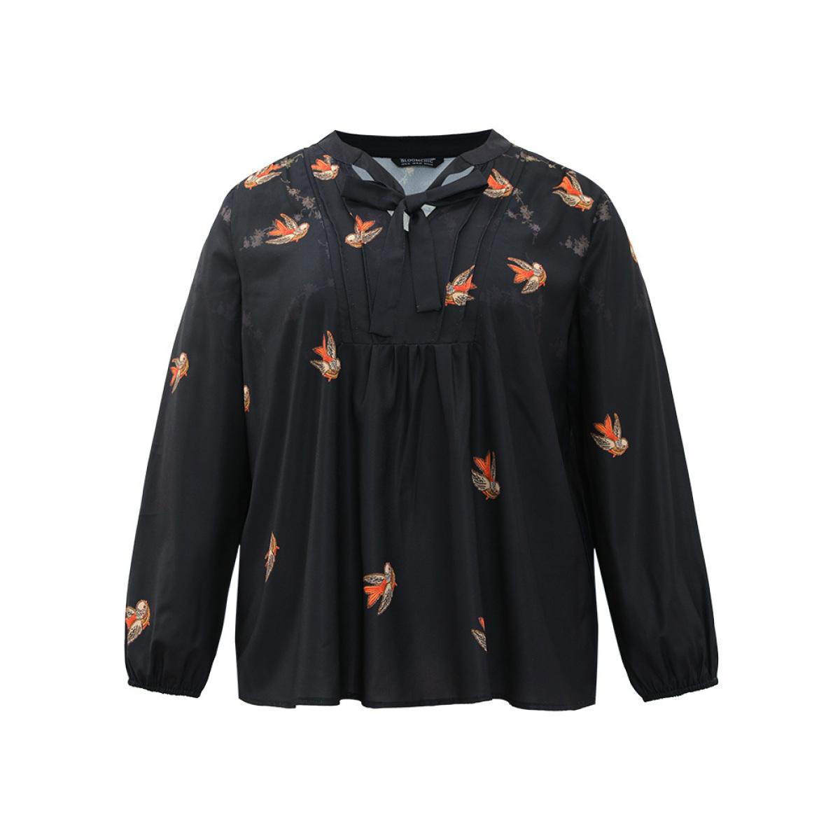 Plus Size Black Boho Print Ties Lantern Sleeve Blouse Women Elegant Long Sleeve Tie Neck Dailywear Blouses BloomChic 28/5X Product Image