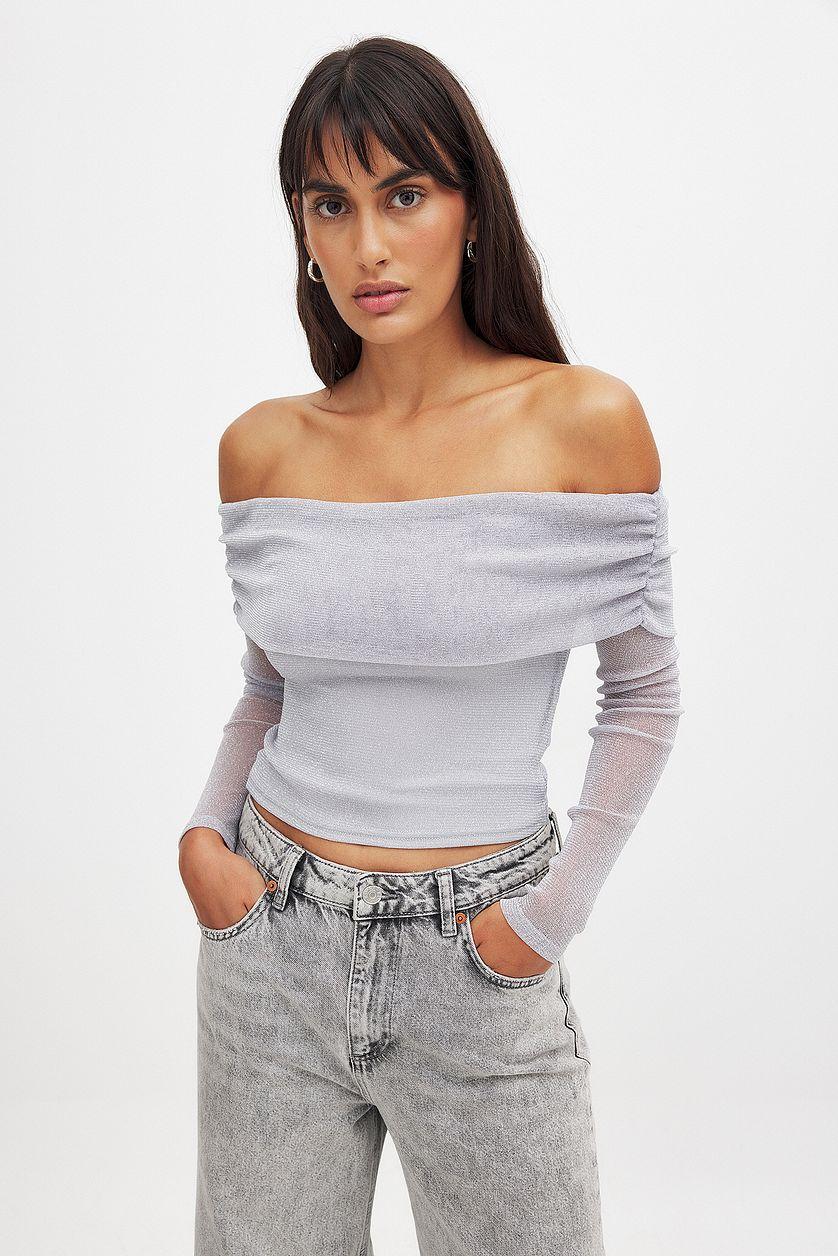 Off Shoulder Glitter Mesh Top Product Image