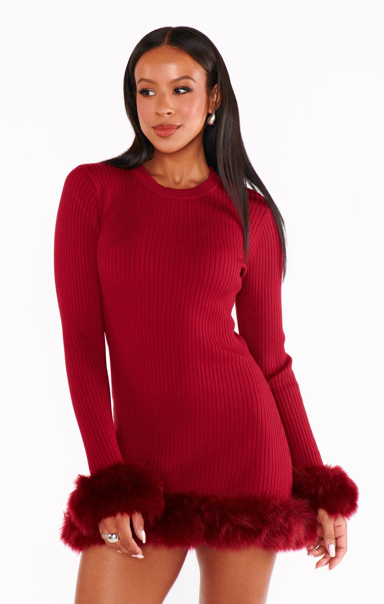 Fran Mini Dress ~ Cranberry Rib with Faux Fur Product Image