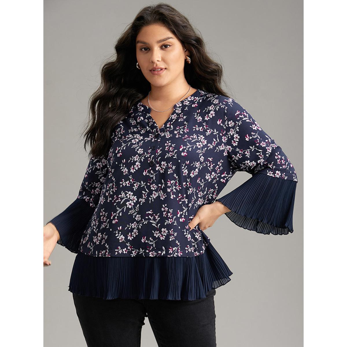 Plus Size Indigo Ditsy Floral Pleated Cuffs Patchwork Blouse Women Elegant Elbow-length sleeve V-neck Dailywear Blouses BloomChic 12/L Product Image