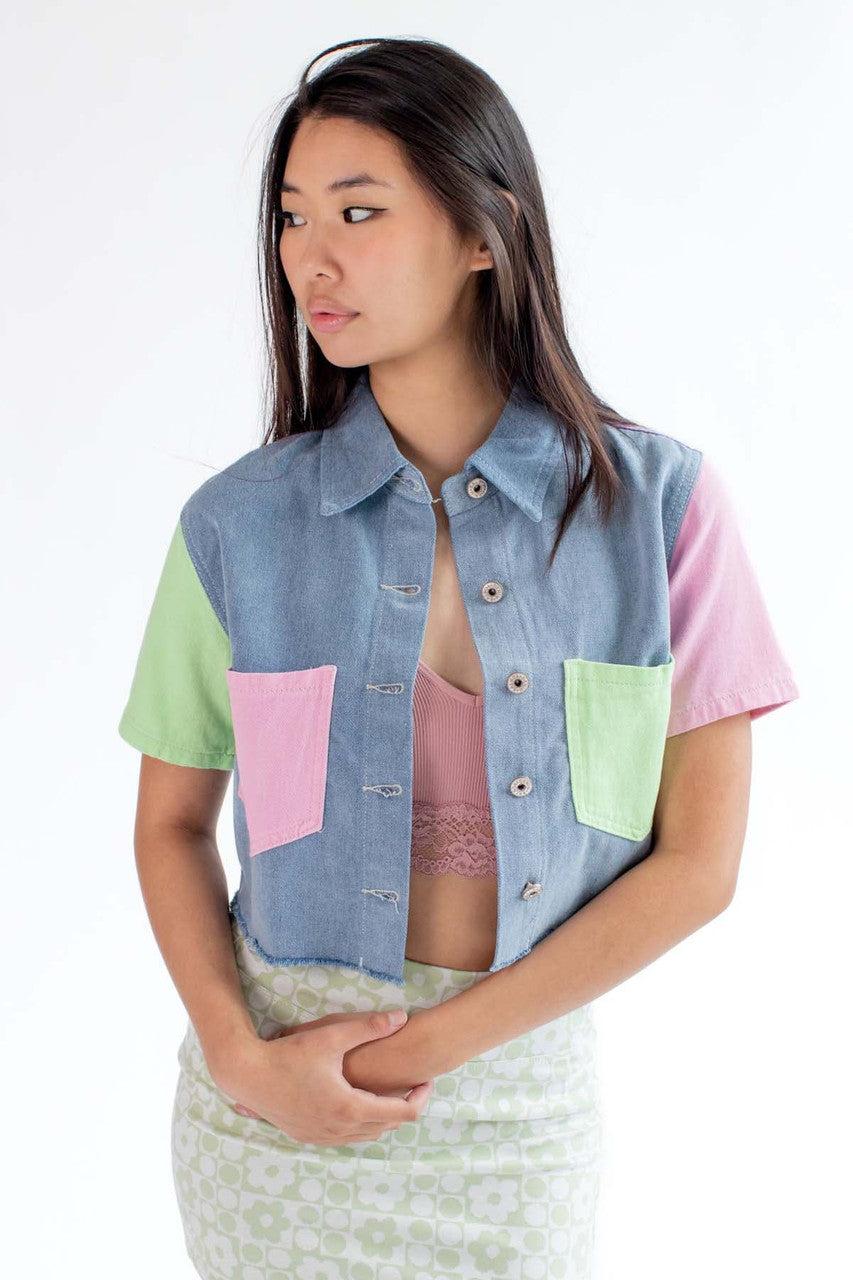 Light Wash Color Block Cropped Denim Shacket Product Image