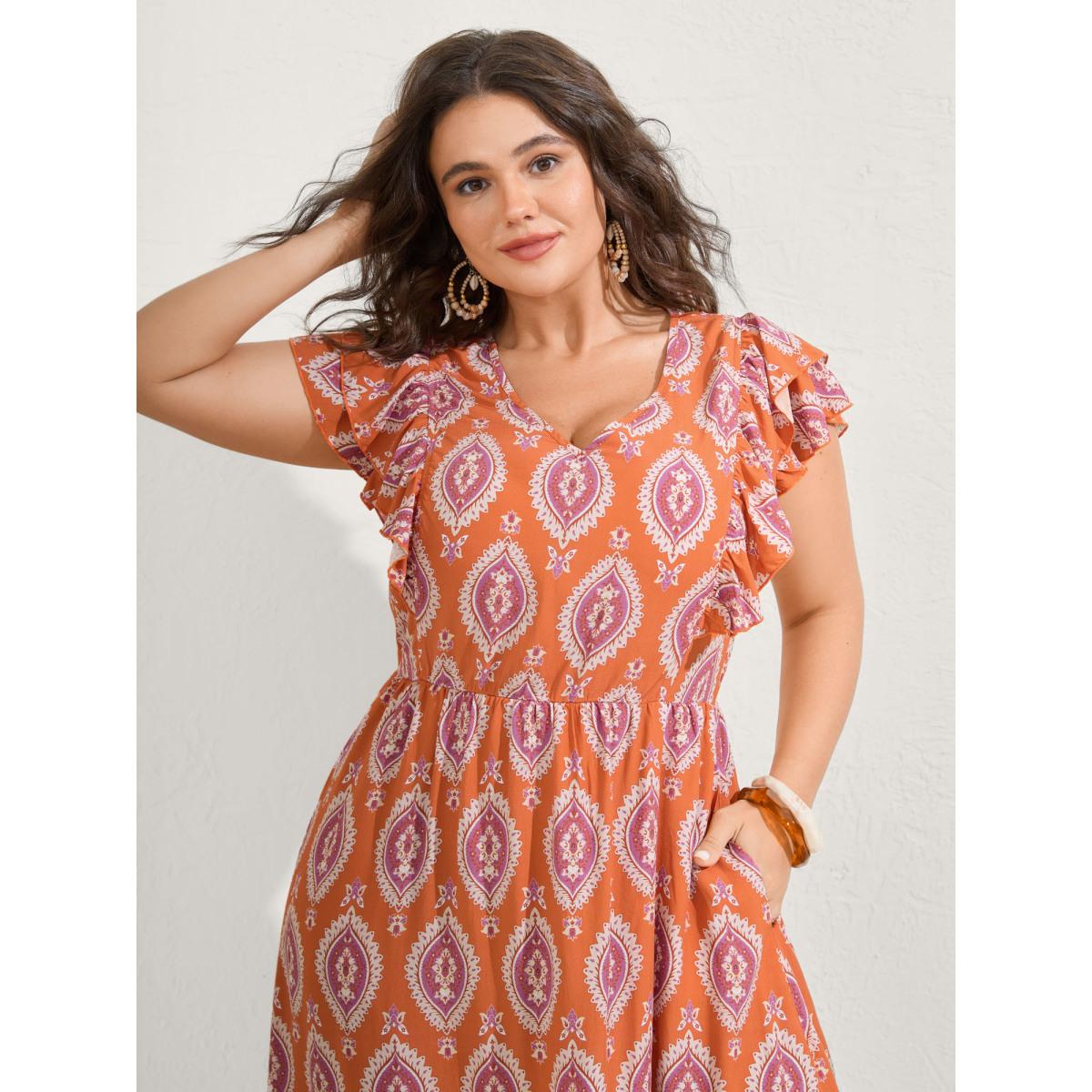 Plus Size Rayon Boho Print Pocket Midi Dress Coral Women Boho V-neck Cap Sleeve Curvy BloomChic 12/L Product Image
