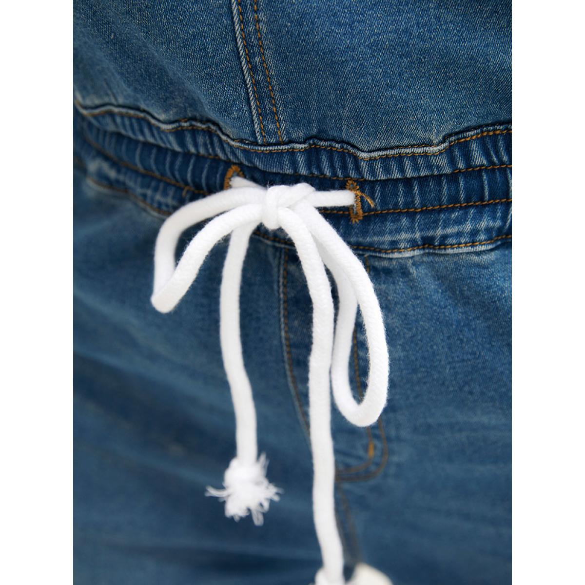 Plus Size Drawstring Button Up Dark Wash Denim Overalls Blue Women Plain Low stretch Dailywear Pocket Casual Denim Jumpsuits BloomChic 10/M Product Image