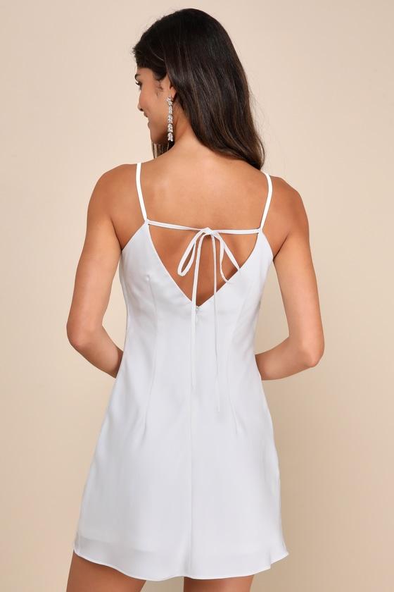 Mesmerizing Sweetie White Satin Rhinestone Cowl-Front Mini Dress Product Image