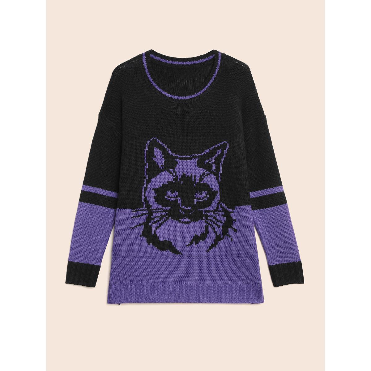 Plus Size Mystic Cat Pattern Crew Neck Pullover DarkViolet Women Casual Loose Long Sleeve Round Neck Everyday Pullovers BloomChic 18-20/2X Product Image