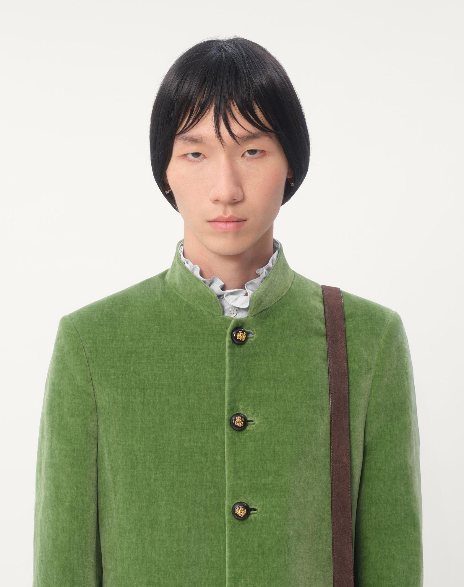 Cotton Velvet And Washed Linen Jacket With Mandarin Collar Product Image