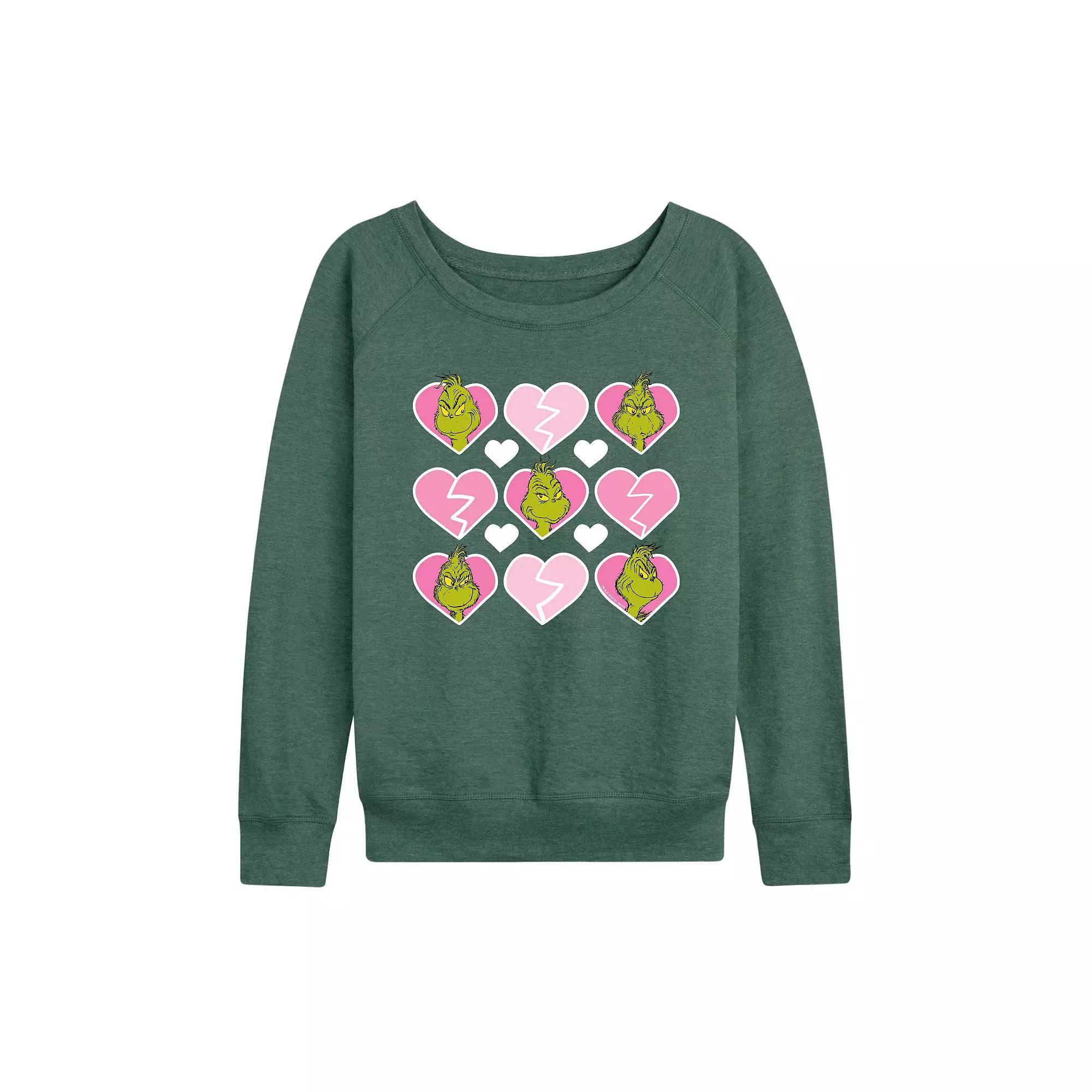 Womens Dr. Seuss Grinch Broken Heart French Terry Long Sleeve Tee Grey Green Product Image