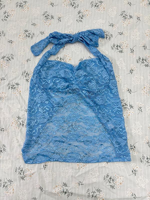 Lace-Paneled Open-Back Halterneck Top Product Image