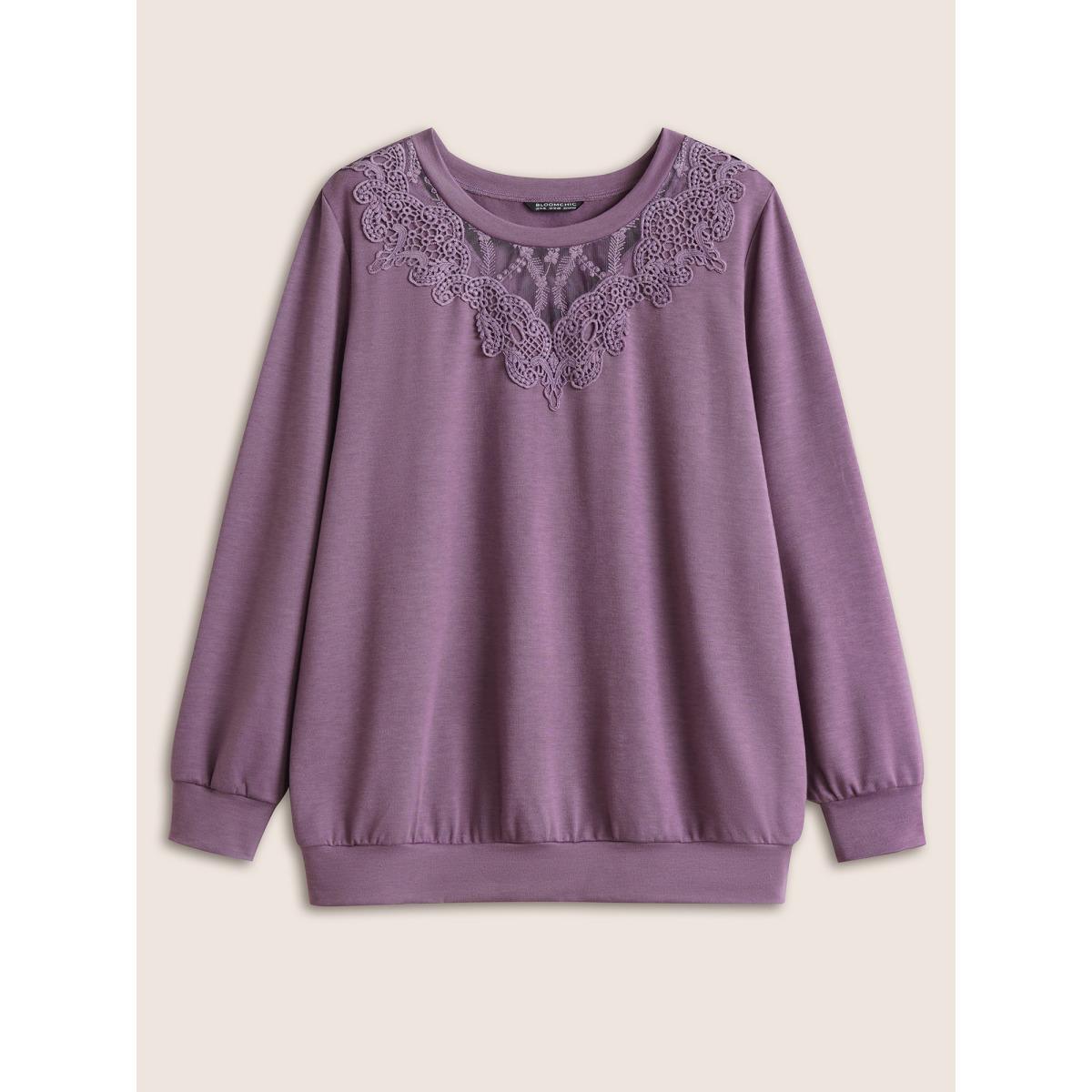 Plus Size Round Neck Lace Patchwork Sweatshirt Women Mauve Casual See through Round Neck Everyday Sweatshirts BloomChic 28/5X Product Image