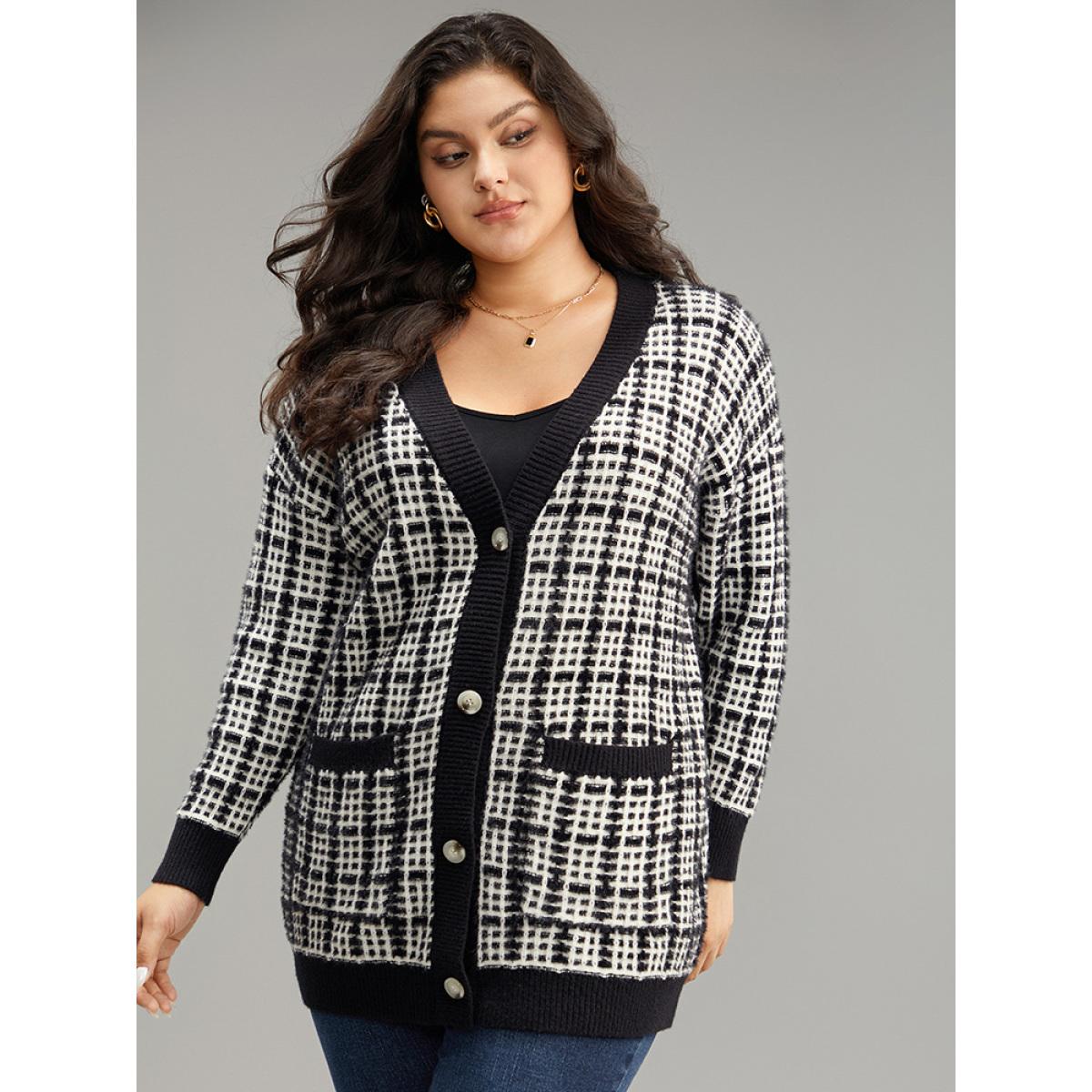 Plus Size Plaid Button Down Patched Pocket Cardigan Black Women Casual Loose Long Sleeve Dailywear Cardigans BloomChic 12/L Product Image
