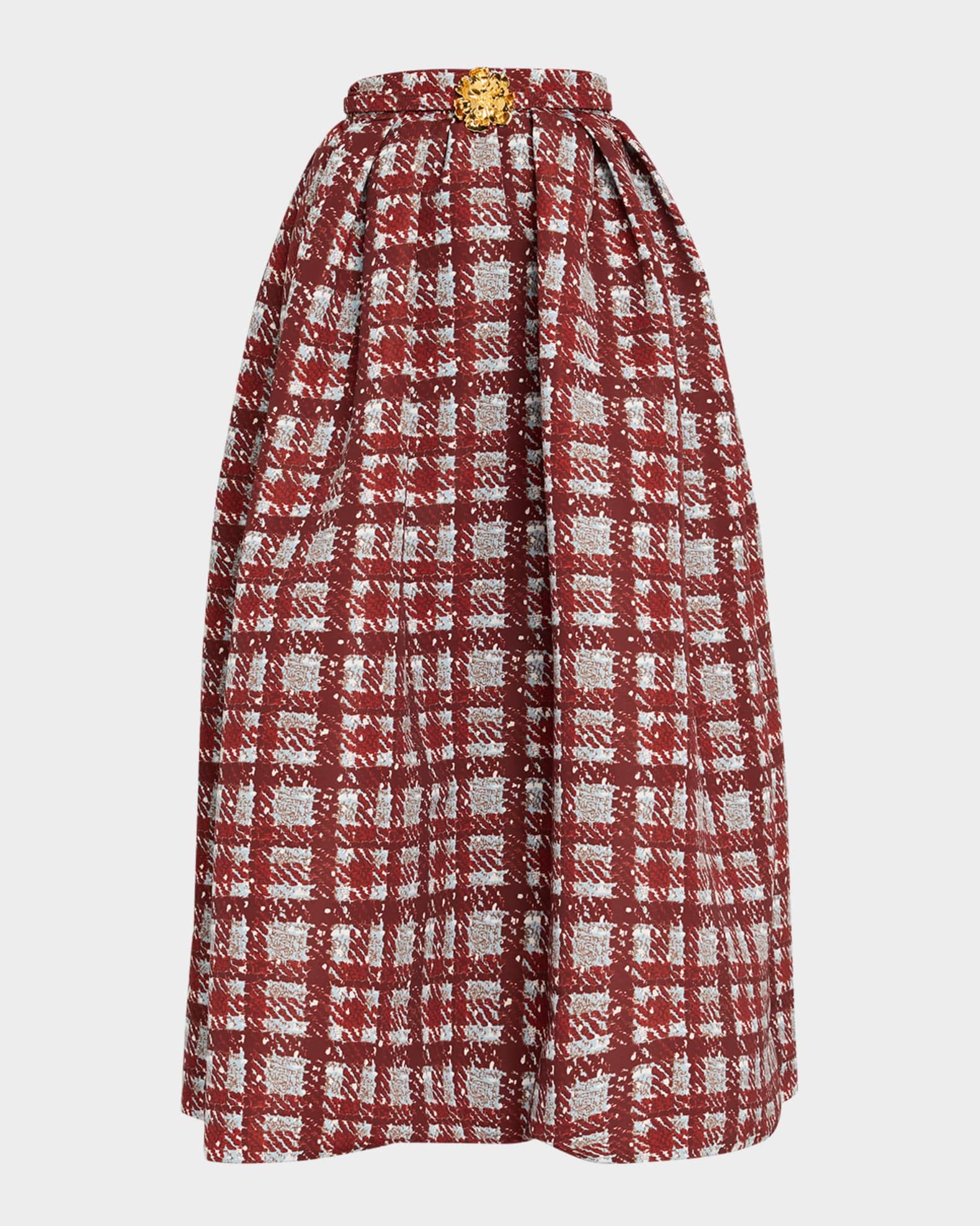 Textured Plaid-Print Pleated Midi Circle Skirt Product Image