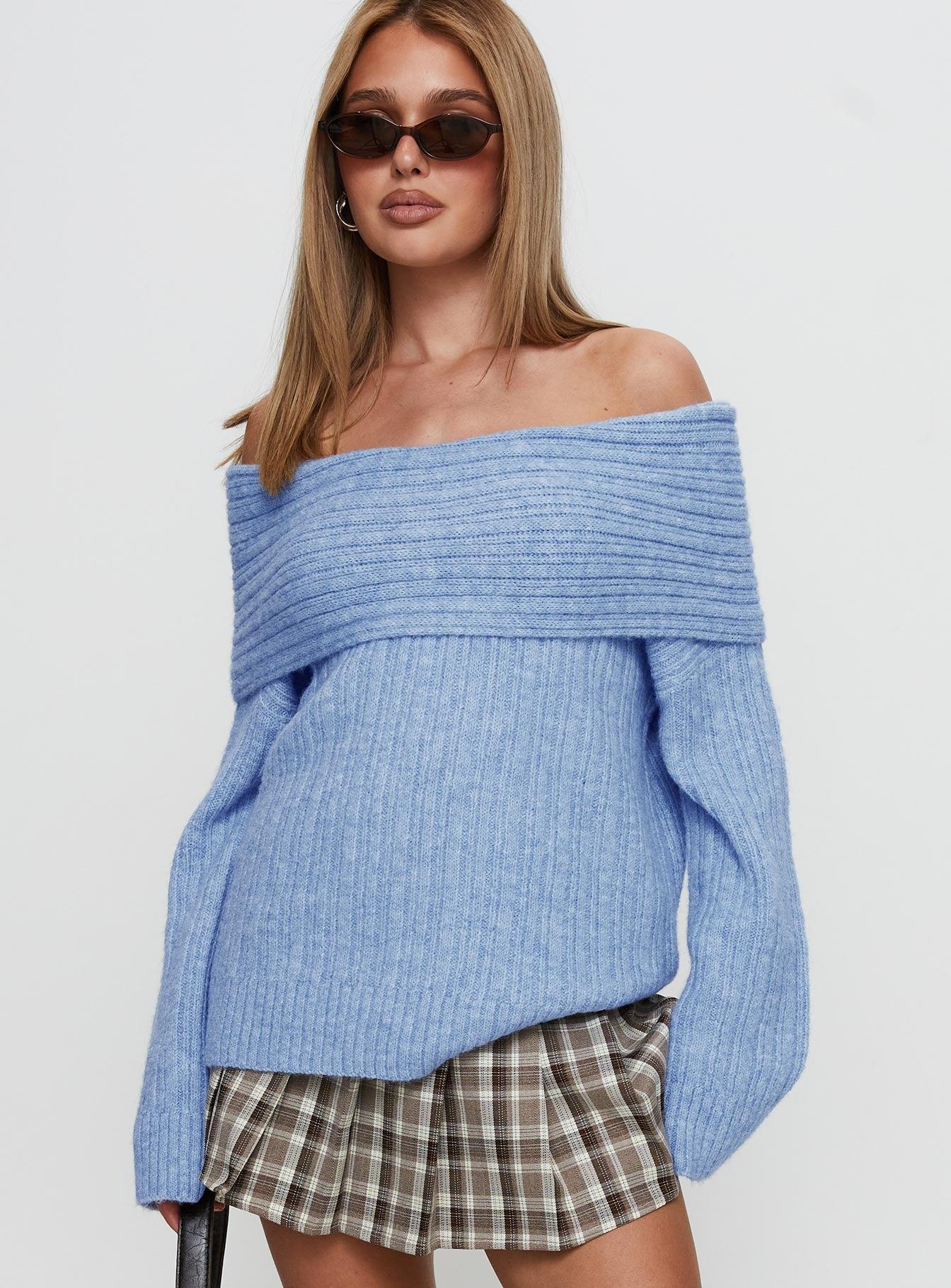 Snowie Off Shoulder Knit Sweater Blue Product Image