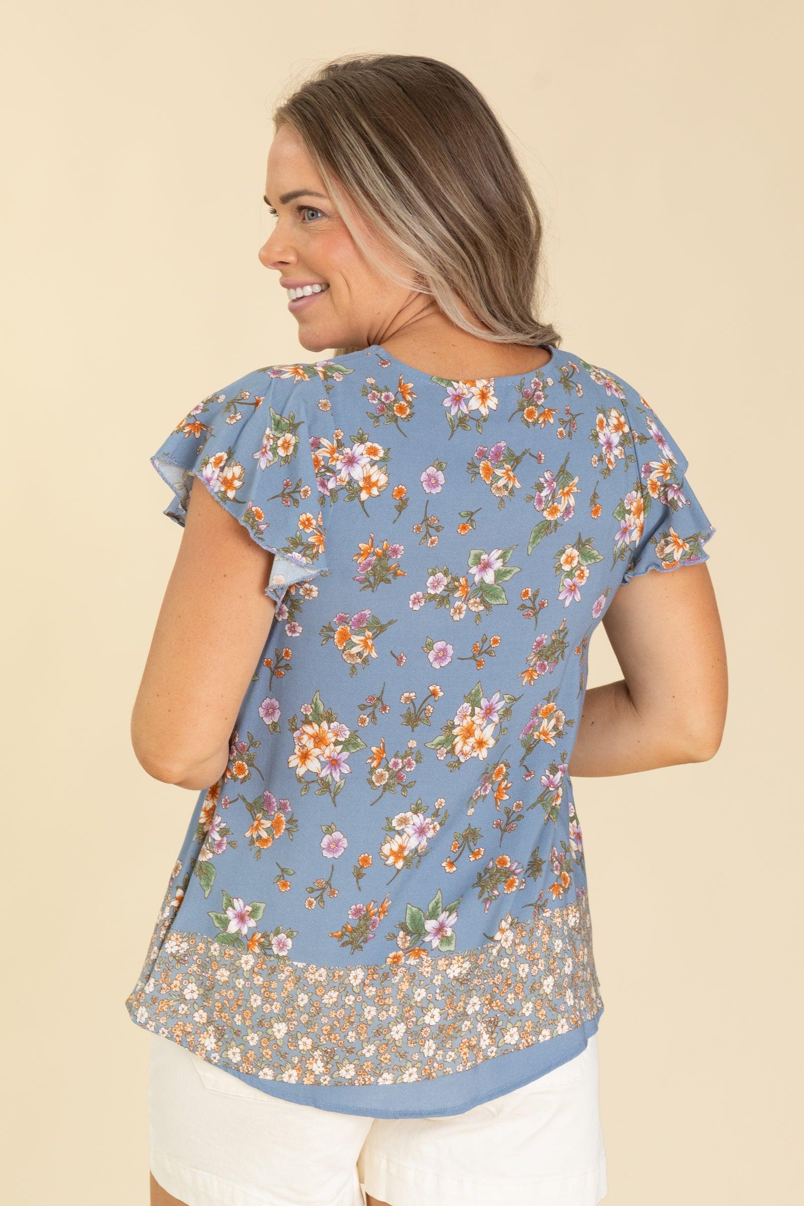 Dusty Blue Floral Border Print Woven Top Product Image