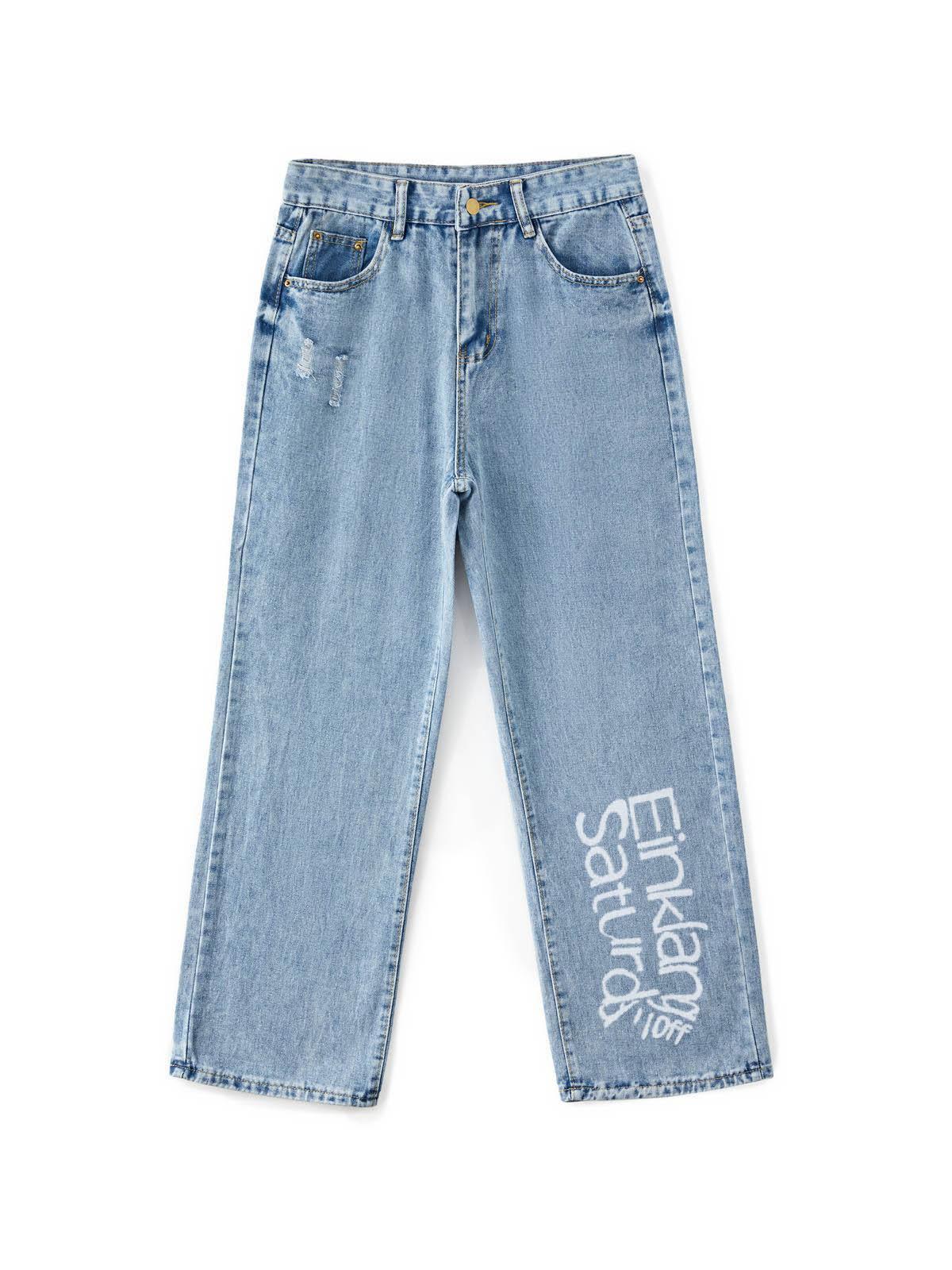 Basic Wash Letter Print Straight Leg Boyfriend Jeans Product Image