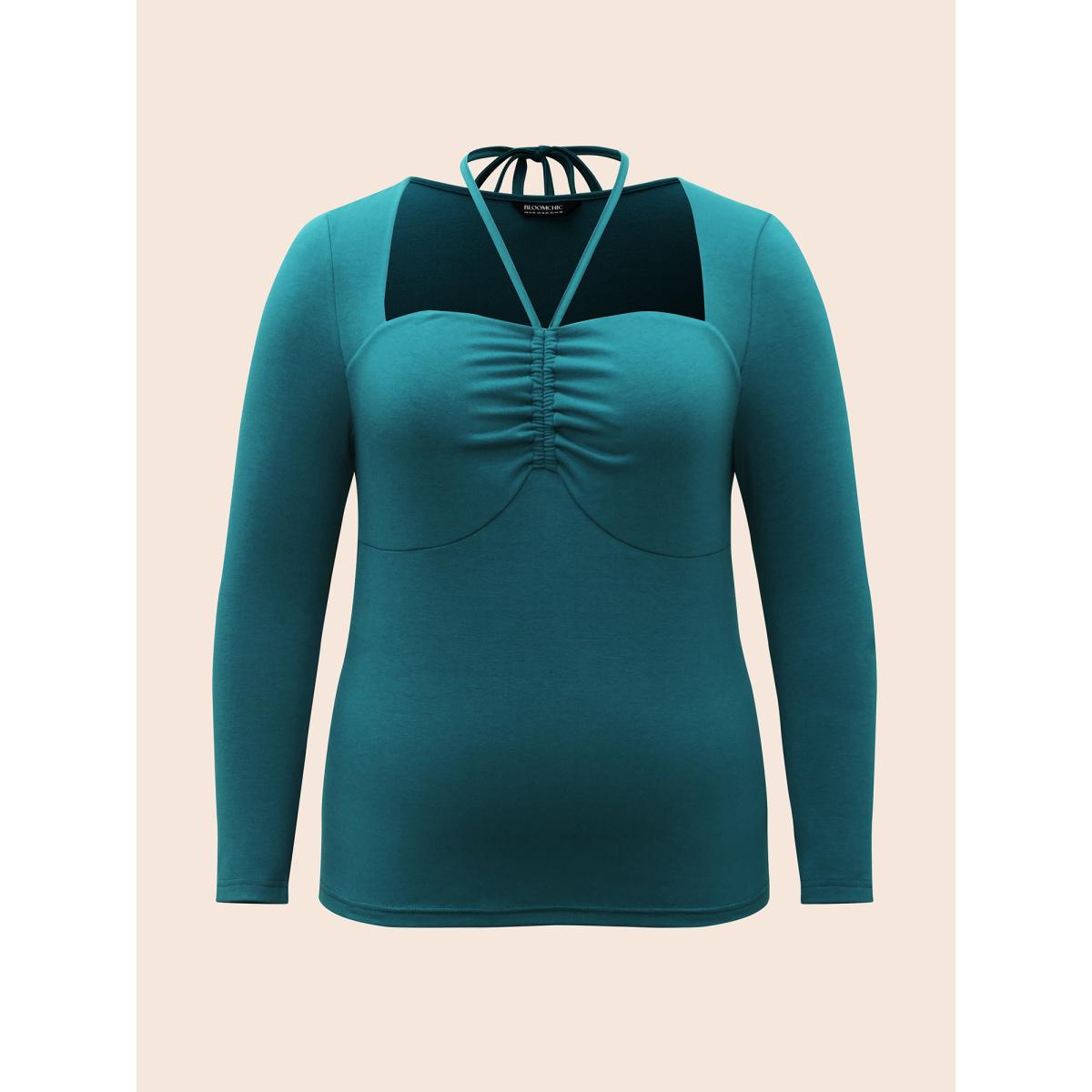 Plus Size Solid Ruched Tie Knot T-shirt Aegean Women Elegant Tie knot Asymmetrical Neck Skinny Everyday T-shirts BloomChic 22-24/3X Product Image