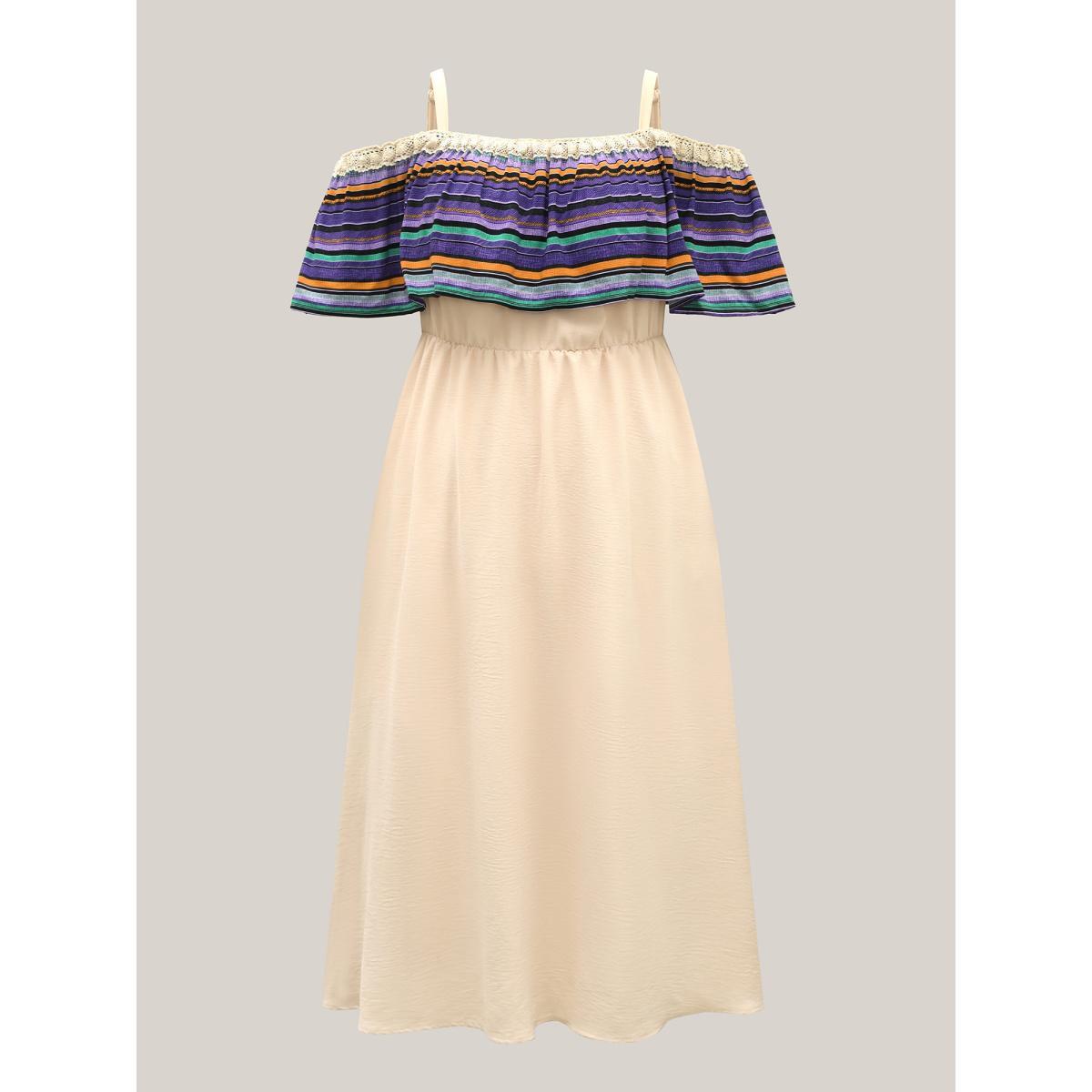 Plus Size Cold-Shoulder Textured Striped Pockets Midi Dress Apricot Women One-shoulder neck Sleeveless Curvy BloomChic 18-20/2X Product Image