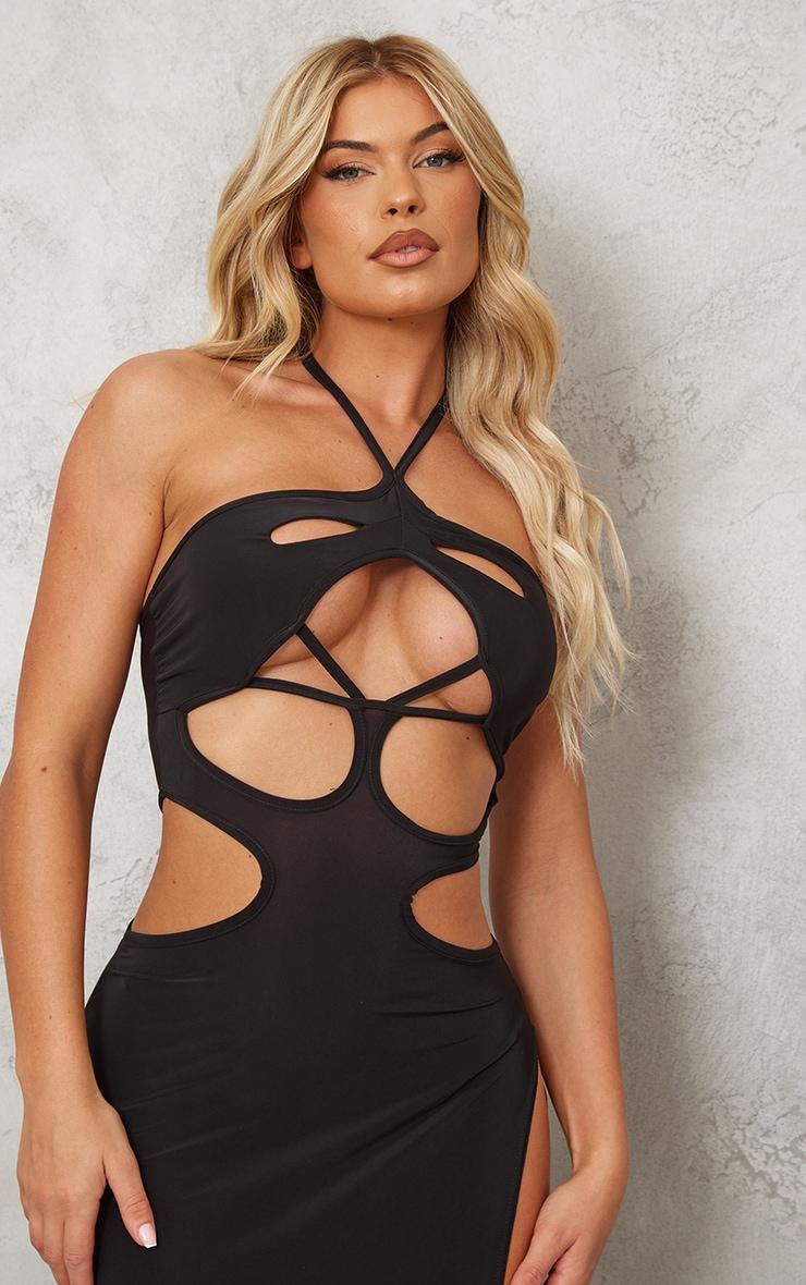 Black Slinky Multi Cut Out Split Detail Maxi Dress Product Image