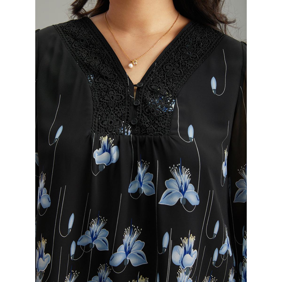 Plus Size BlackFlower Boho Print Lace Patchwork Mesh Button Up Blouse Women Elegant Long Sleeve V-neck Dailywear Blouses BloomChic 10/M Product Image